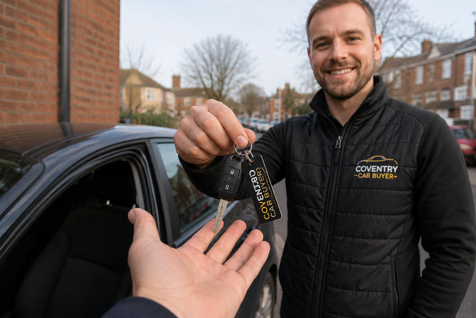 Handing over Kia keys to a Coventry car buyer